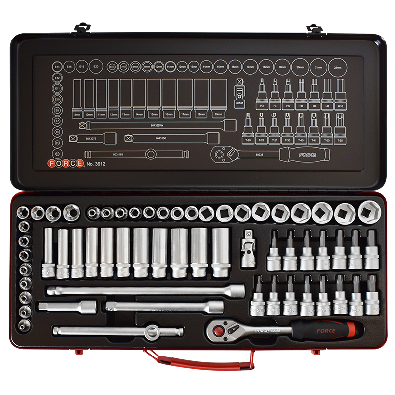 [3612] Force Socket set 3/8",6-22mm, E4-E20, T20-T55, 61 parts