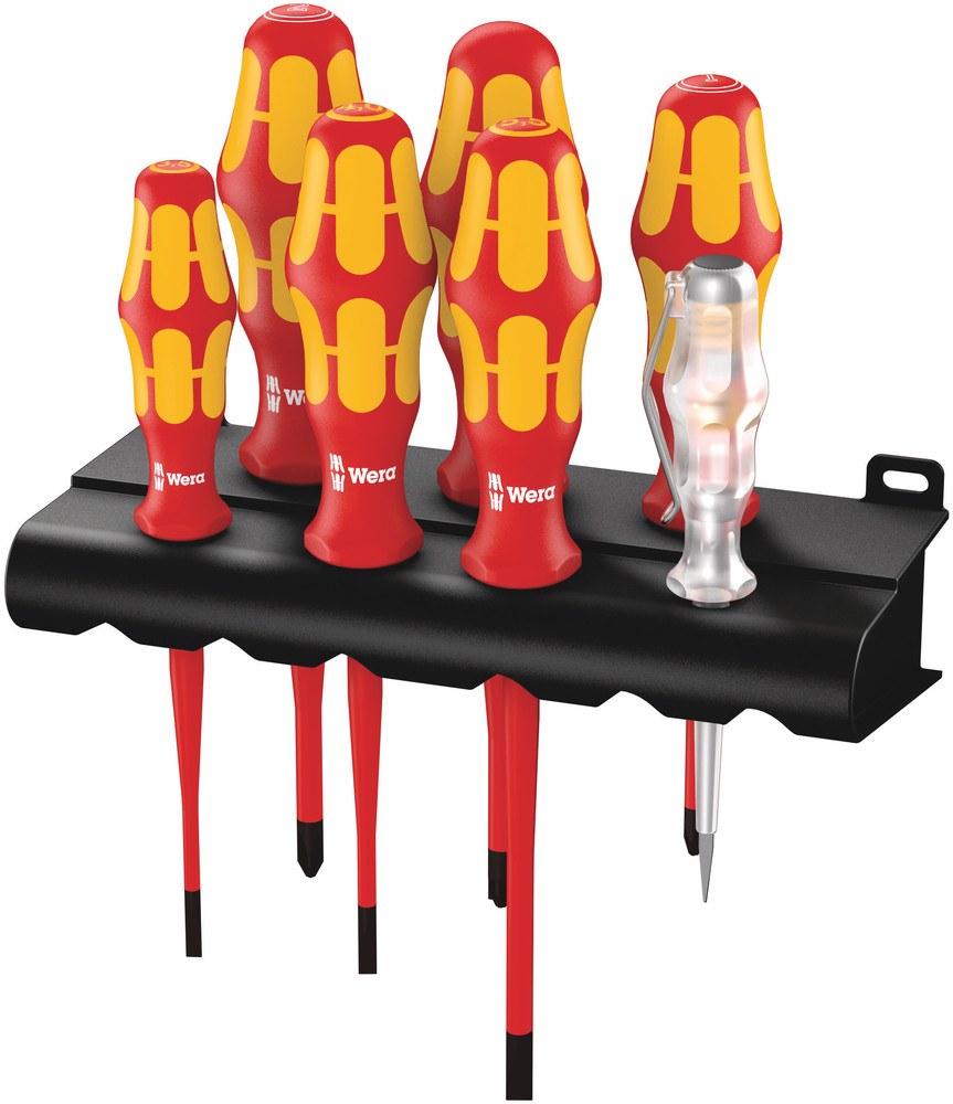 Wera 160 iS/7 Rack Screwdriver set Kraftform Plus Series 100, single-pole phase tester and rack. With reduced blade diameter