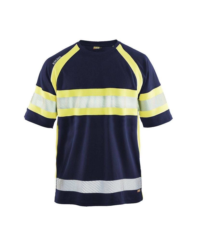 [333710518933 XS] Blåkläder 3337 Highvis t-paita, UV-suoja (Mariininsininen/Huomio keltainen, XS)