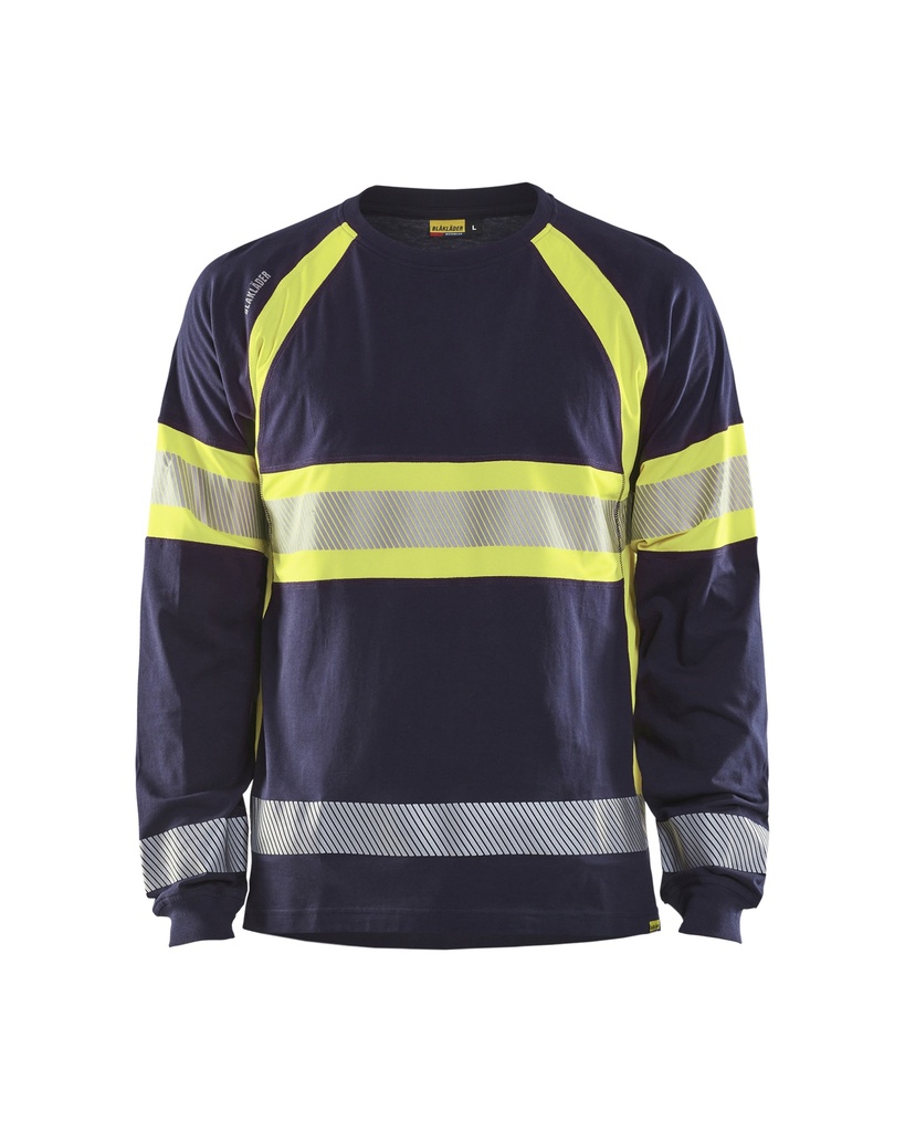 [351010308833 XS] Blåkläder 3510 Highvis pitkähihainen t-paita (Mariininsininen/Huomio keltainen, XS)